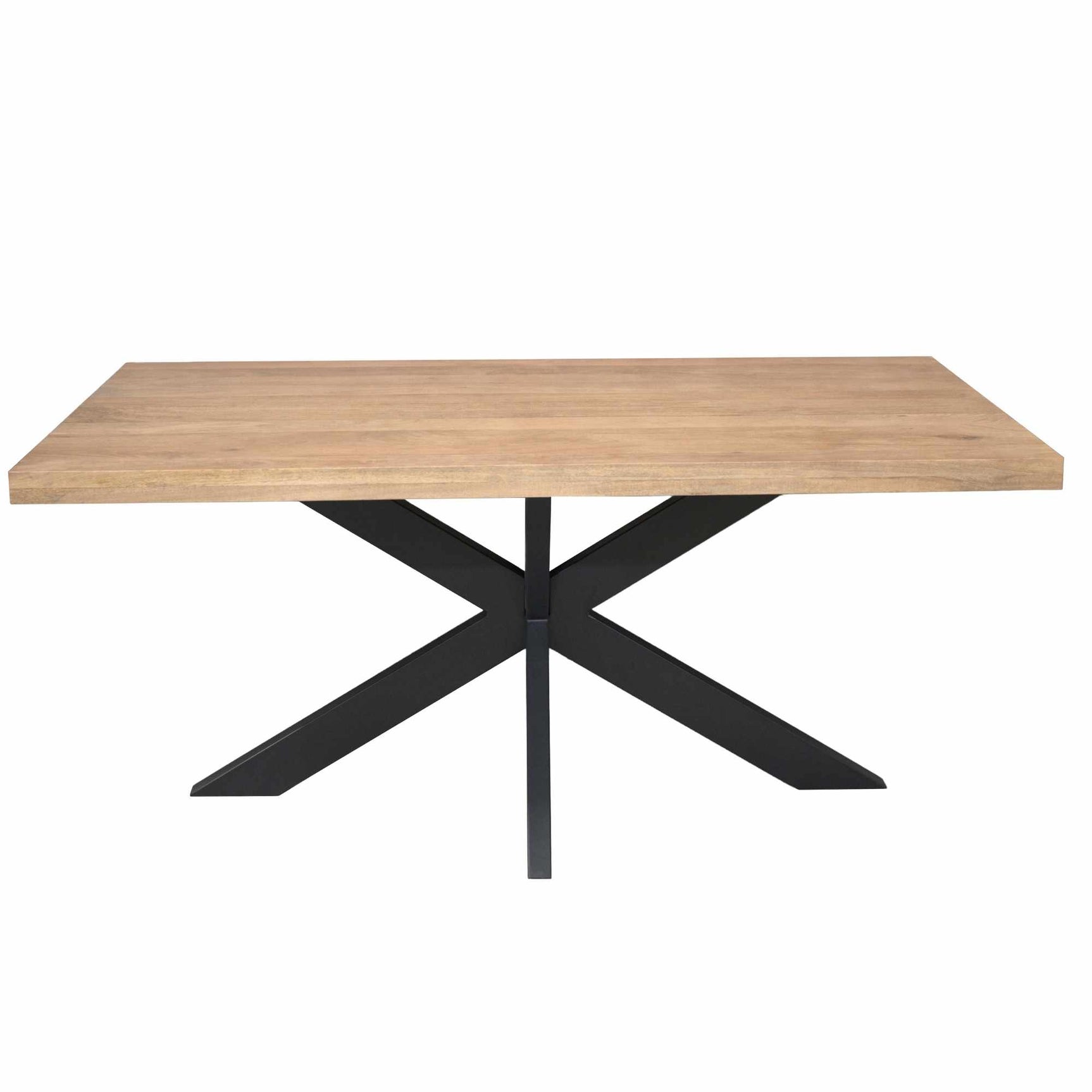 Rechthoekige houten eettafel met licht houtblad en zwarte X-pootconstructie
