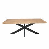Rechthoekige eettafel met houten blad en zwart metalen kruisvormig onderstel