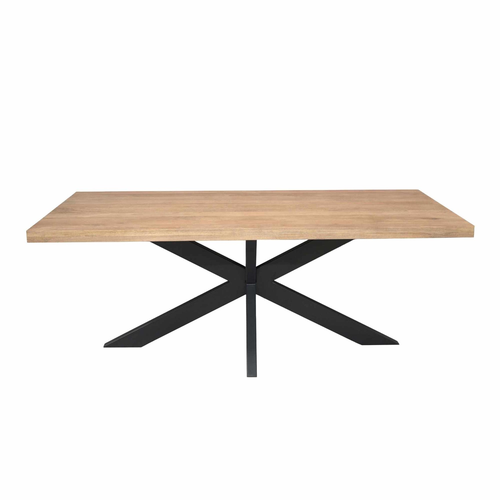 Rechthoekige eettafel met houten blad en zwart metalen kruisvormig onderstel