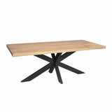 Rechthoekige eettafel met houtnerf blad en zwart metalen kruisvormig onderstel
