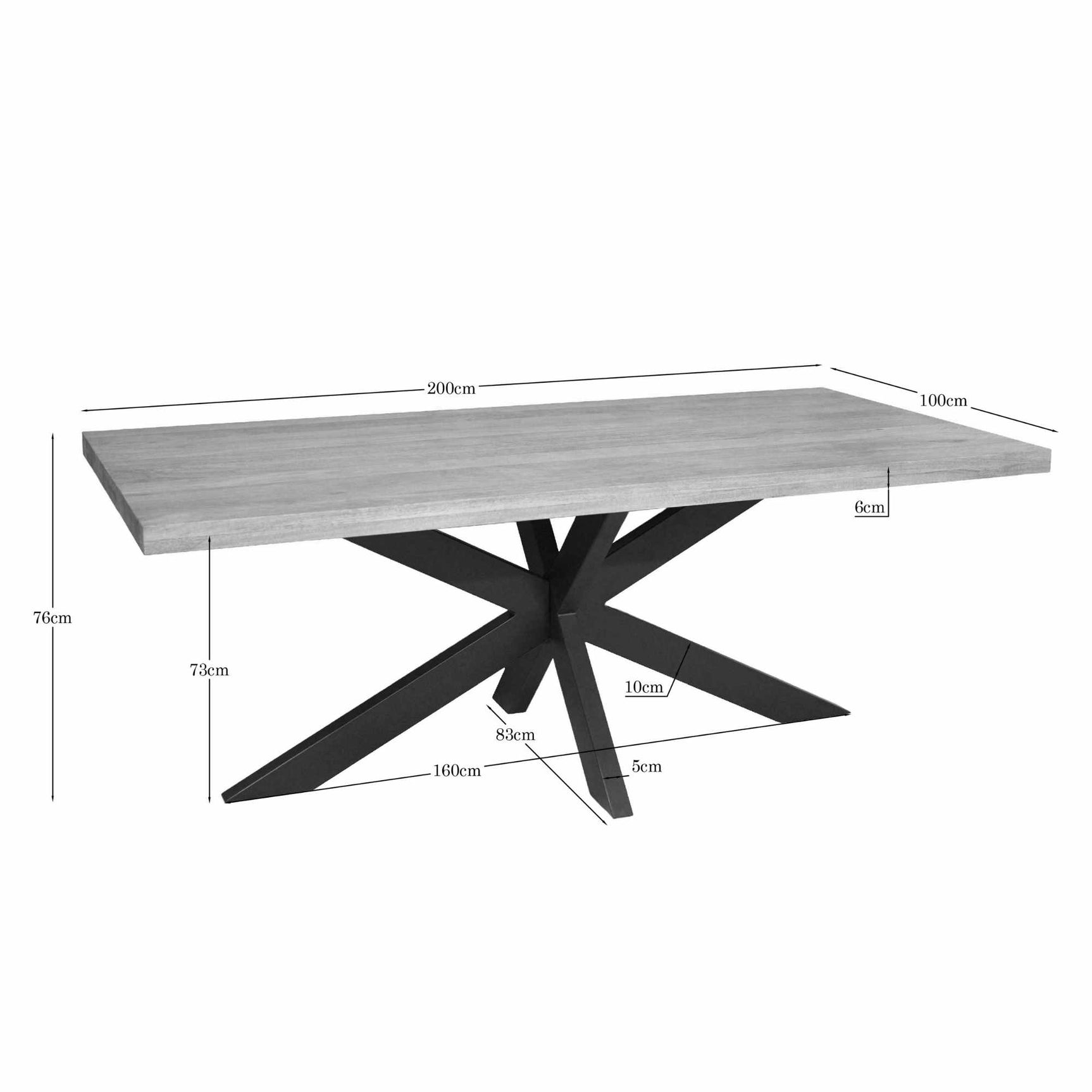 Rechthoekige eettafel met houtnerf blad; afmetingen 200×100 cm en pootdetails