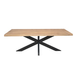 Rechthoekige eettafel met licht houten blad en zwarte kruispoot onderstel.