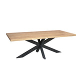 Rechthoekige eettafel met licht houten blad en brede zwarte spinpootconstructie.