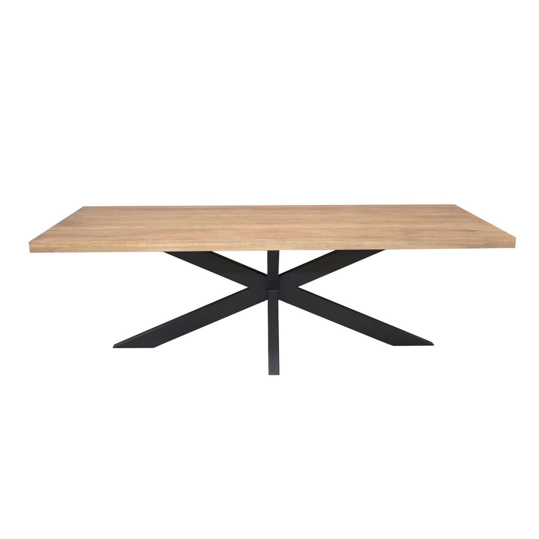 Rechthoekige eettafel met licht houten blad en zwarte kruispoot van staal