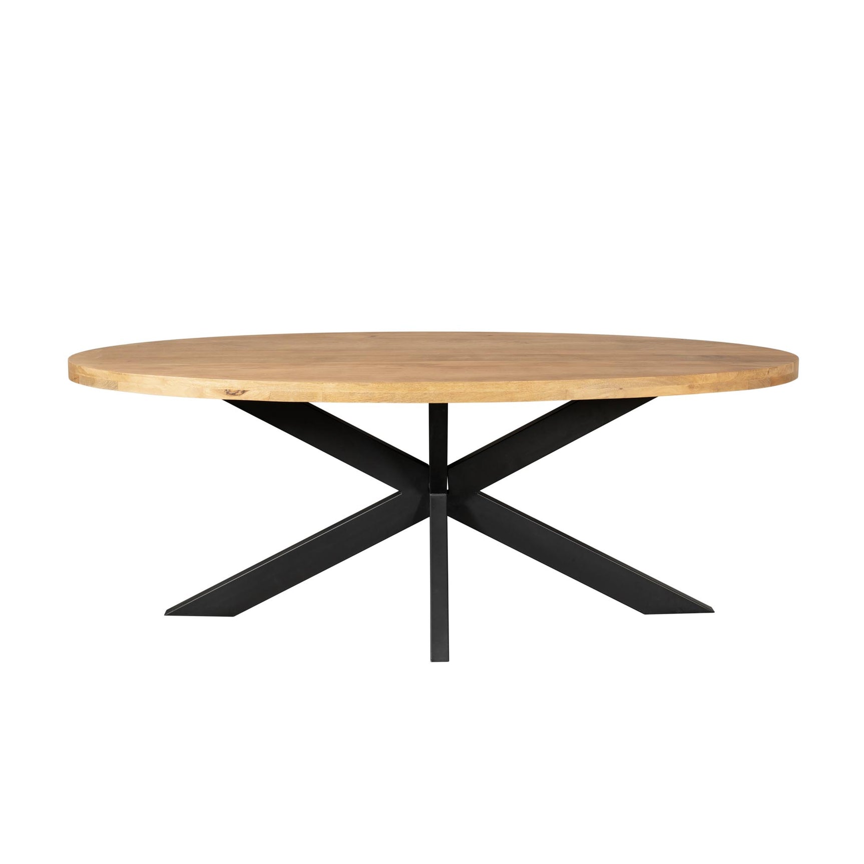 Ovale eettafel met houten blad en zwarte X-vormige metalen onderstelpoten