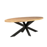 Ovale eettafel met houten blad en zwarte metalen poten in X-constructie