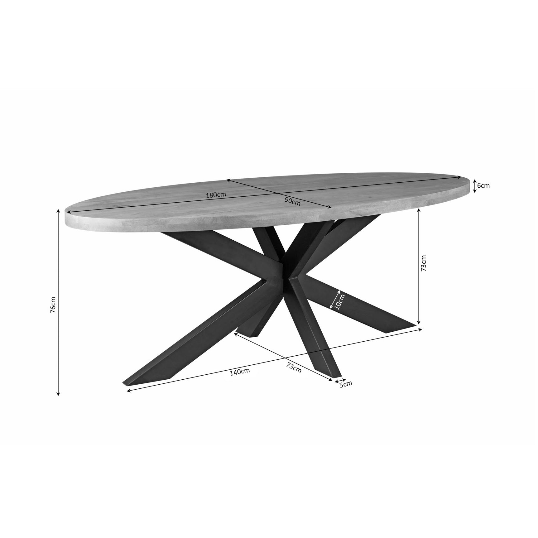 Ovale eettafel met ovaal blad, zwarte X-poten; afm. 180×100×74 cm