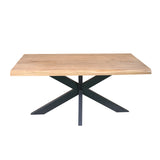 Boomstamtafel met licht houten blad en zwarte metalen kruispoten