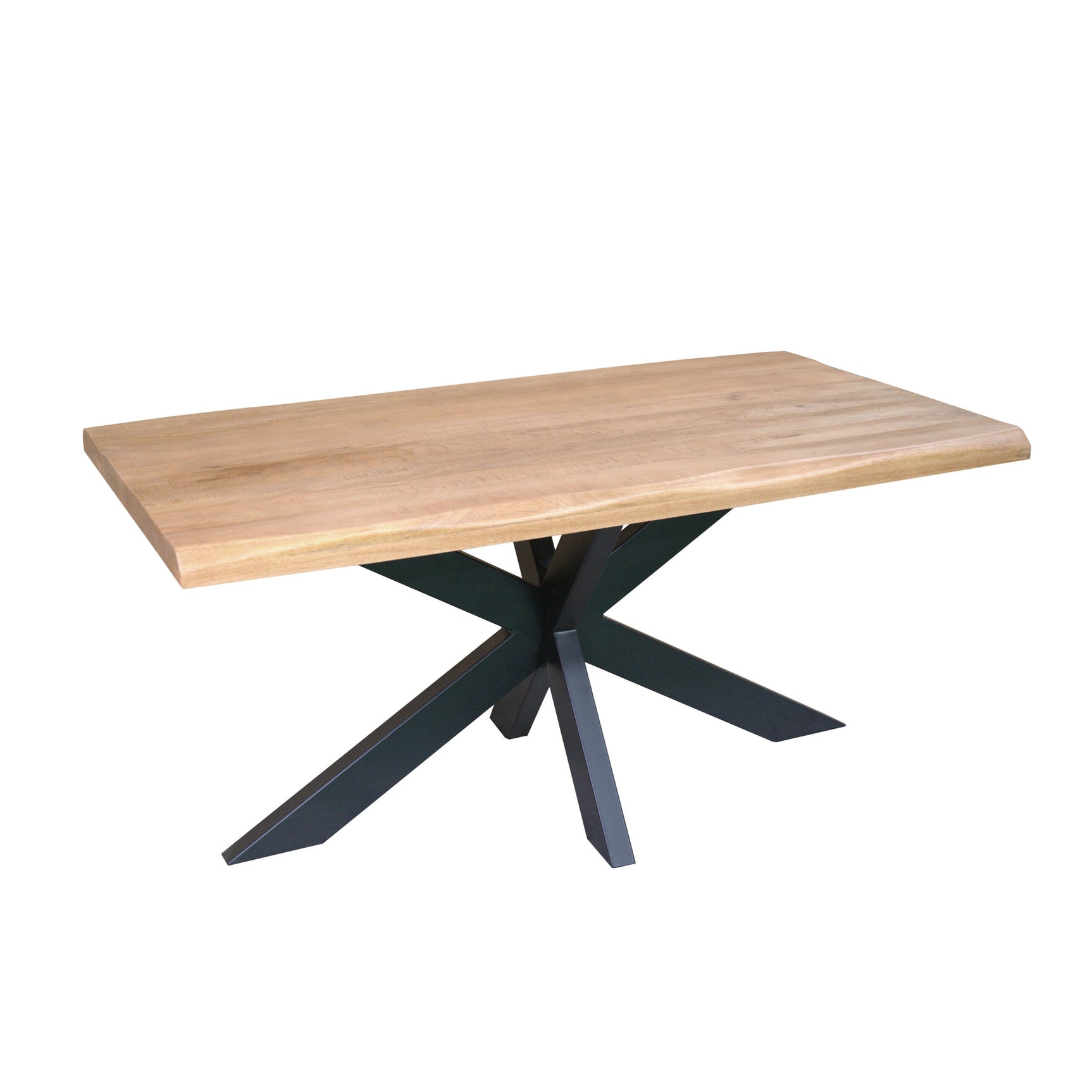 Boomstamtafel met licht houten blad en zwarte metalen X-poten