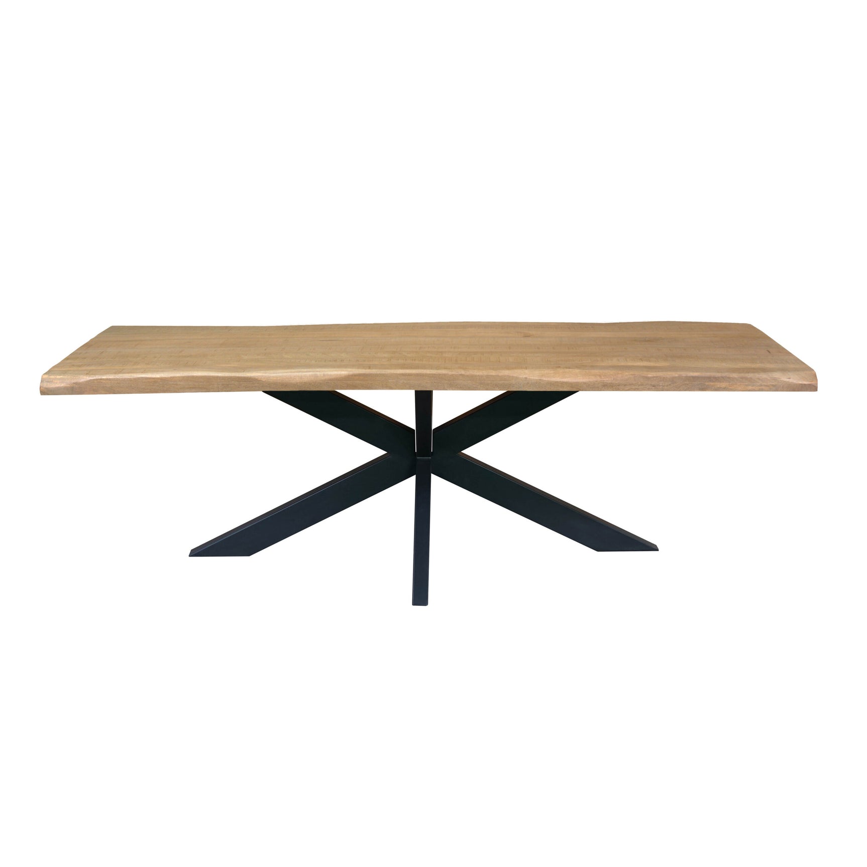 Eettafel met houten blad en zwarte kruisvormige metalen pootonderstel