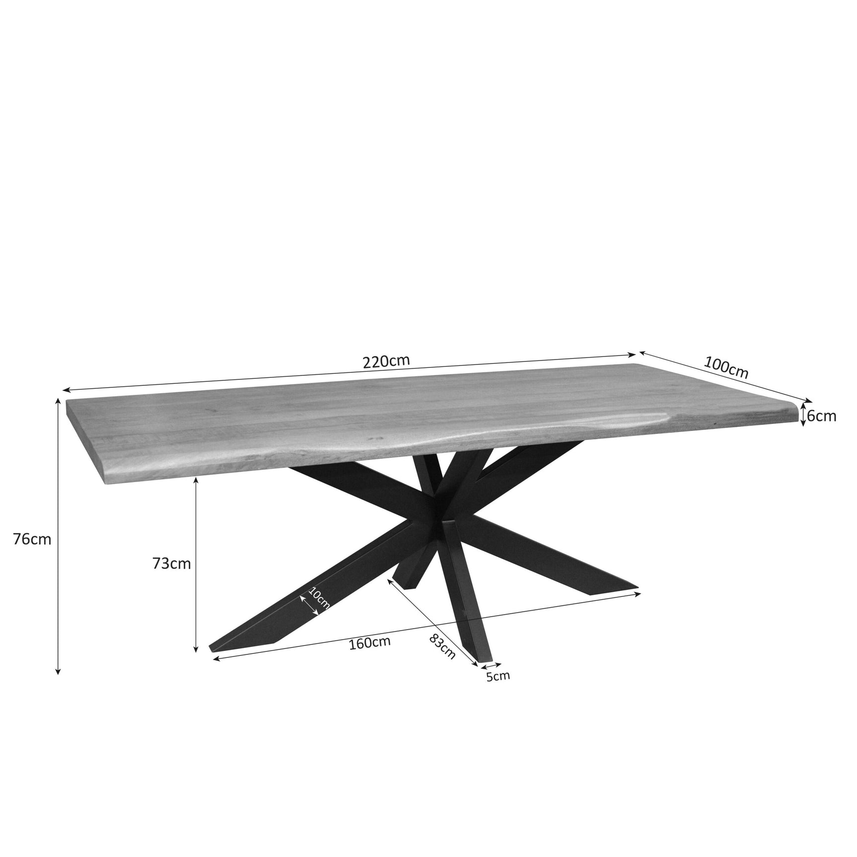 Boomstamtafel Dakota met houten blad, afmetingen 220x100x76 cm, zwarte pootconstructie