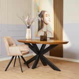 Ovale houten eettafel met zwarte kruispoten, bruintint blad.