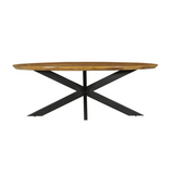 Ovale eettafel met bruintint blad en zwart pootonderstel, vooraanzicht.