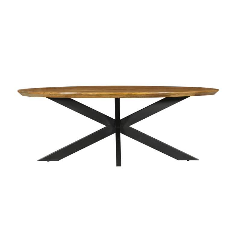 Ovale eettafel met bruintint blad en zwart pootonderstel, vooraanzicht.