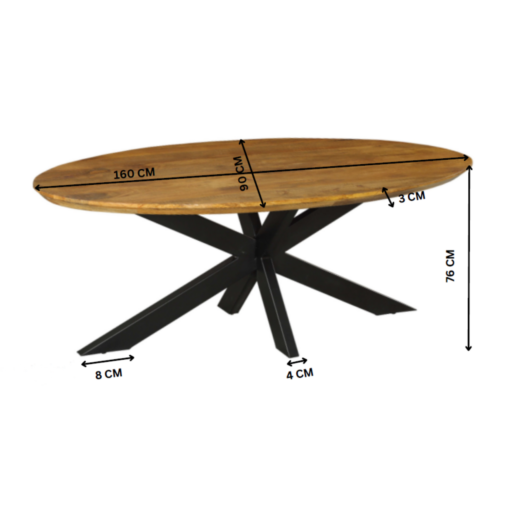 Afmetingen eettafel: 160 cm lang, 76 cm hoog, 3 cm blad, zwart pootonderstel.