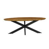 Ovale eetkamertafel Brandy met bruin ovaal blad en zwarte kruispoten, frontaanzicht