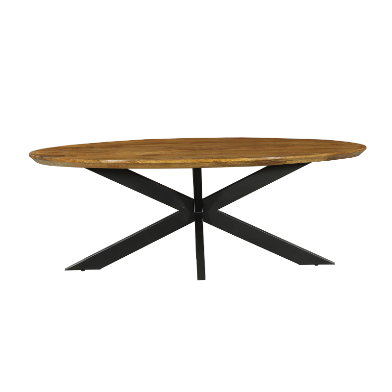 Ovale eetkamertafel Brandy met bruin ovaal blad en zwarte kruispoten, frontaanzicht