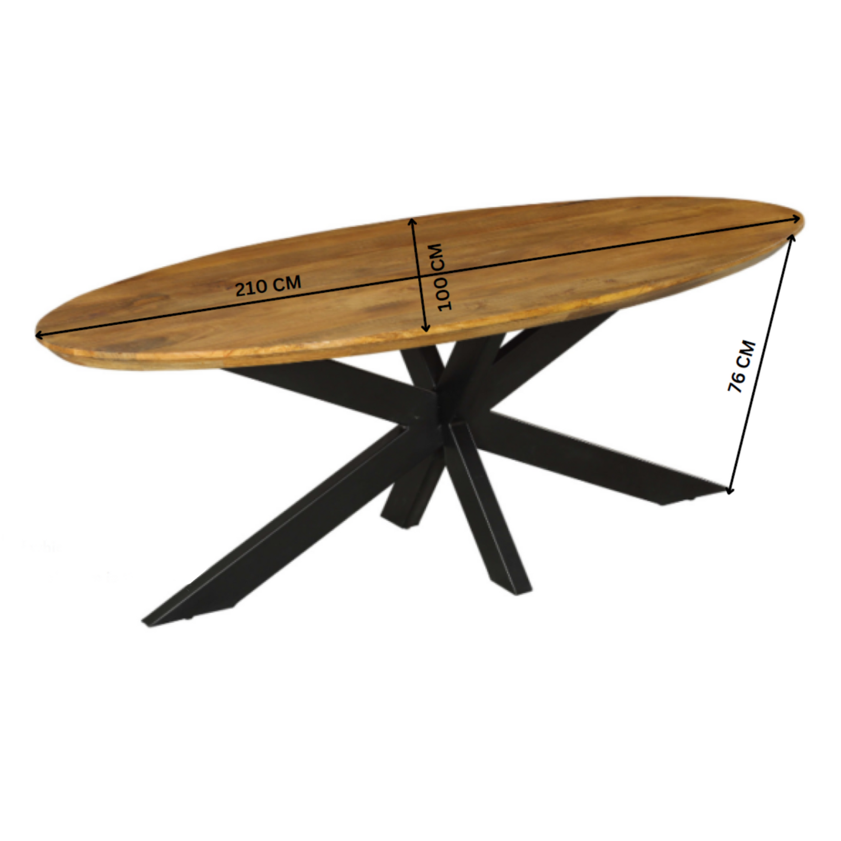 Ovale eetkamertafel Brandy: 210×100×78 cm, bruin blad met zwarte kruispoot