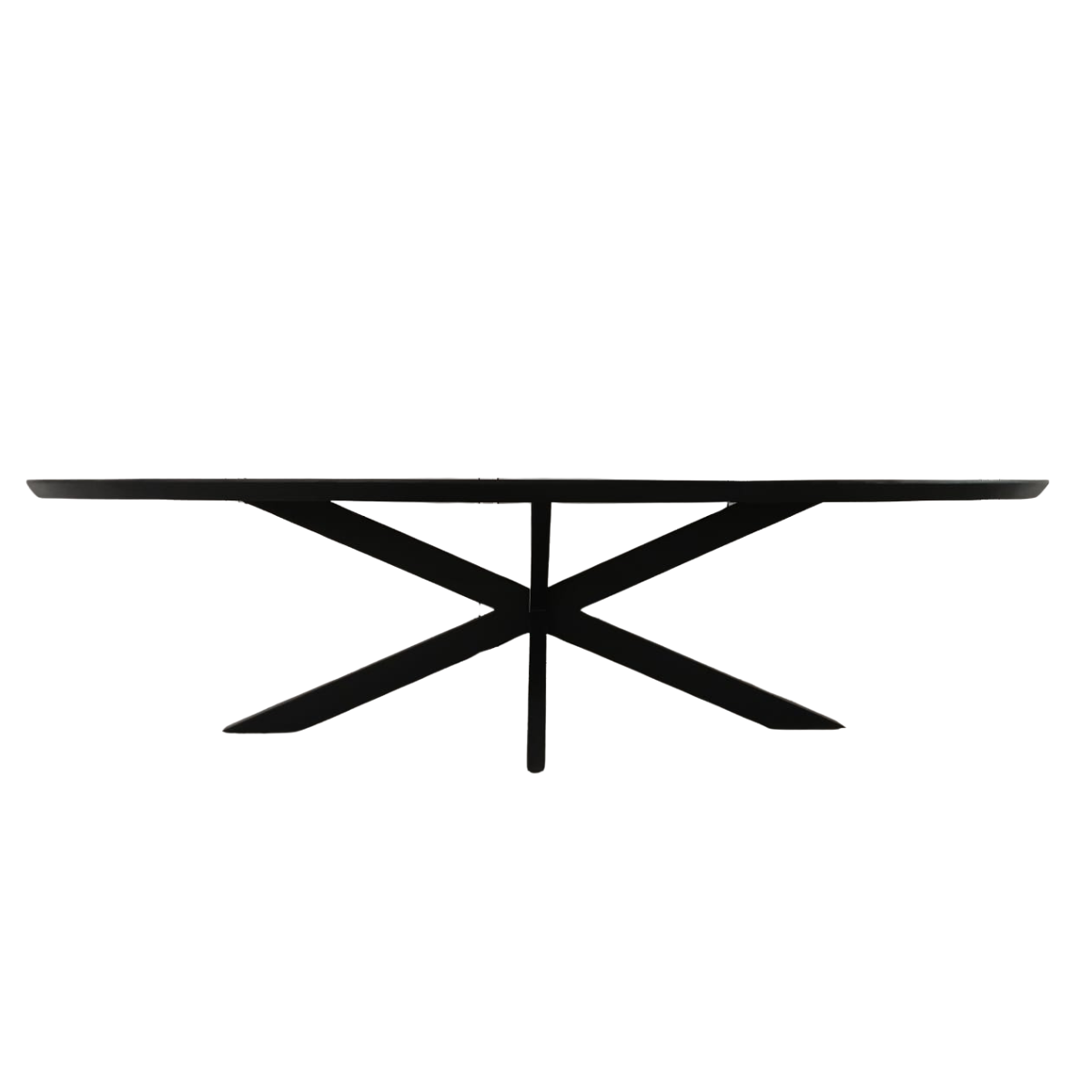 Ovale eettafel met zwart blad en kruisend onderstel met centrale poot