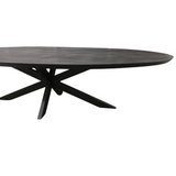 Ovale eettafel met zwart blad en kruisend frame onder het blad