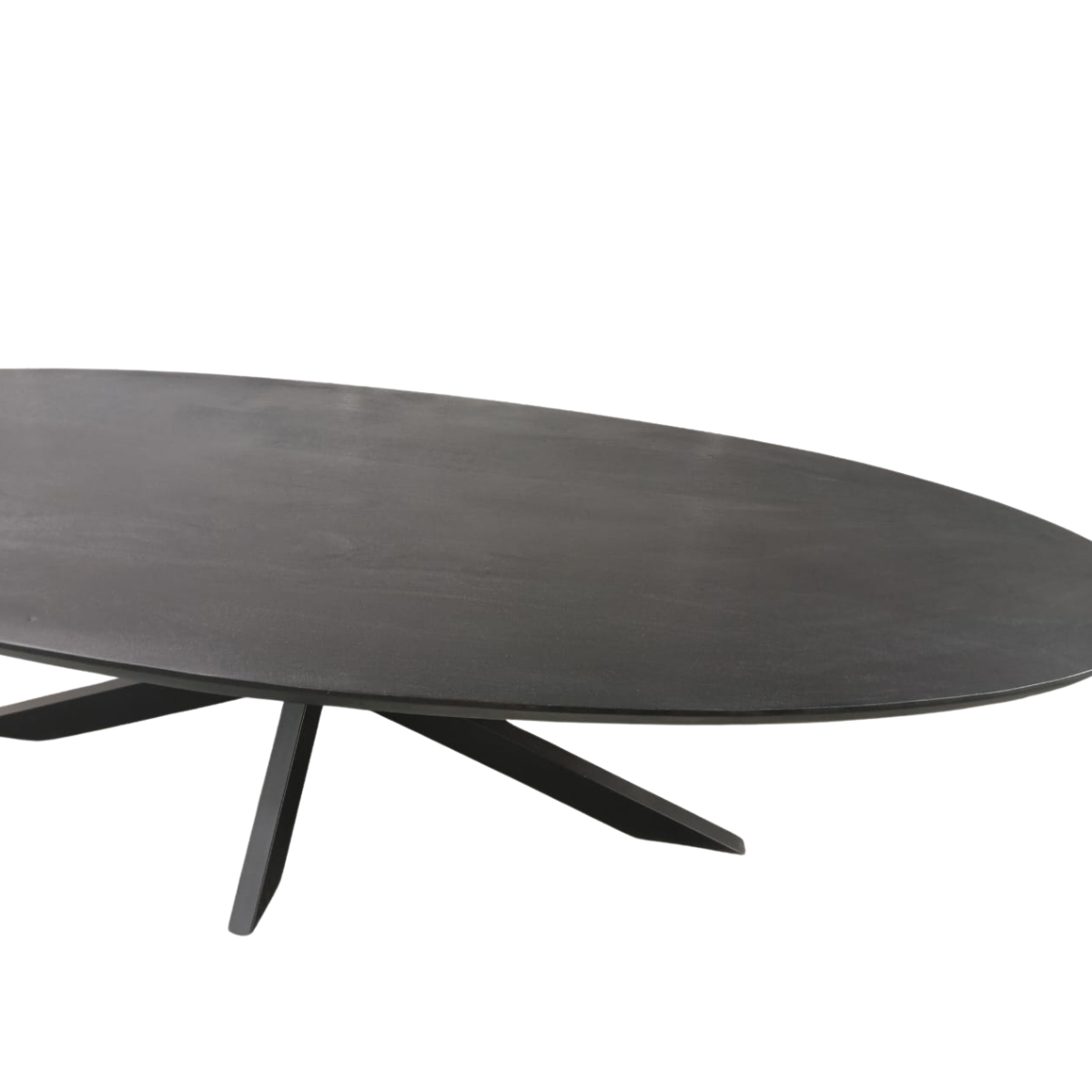 Ovale eettafel met zwart blad en schuin zwart pootframe
