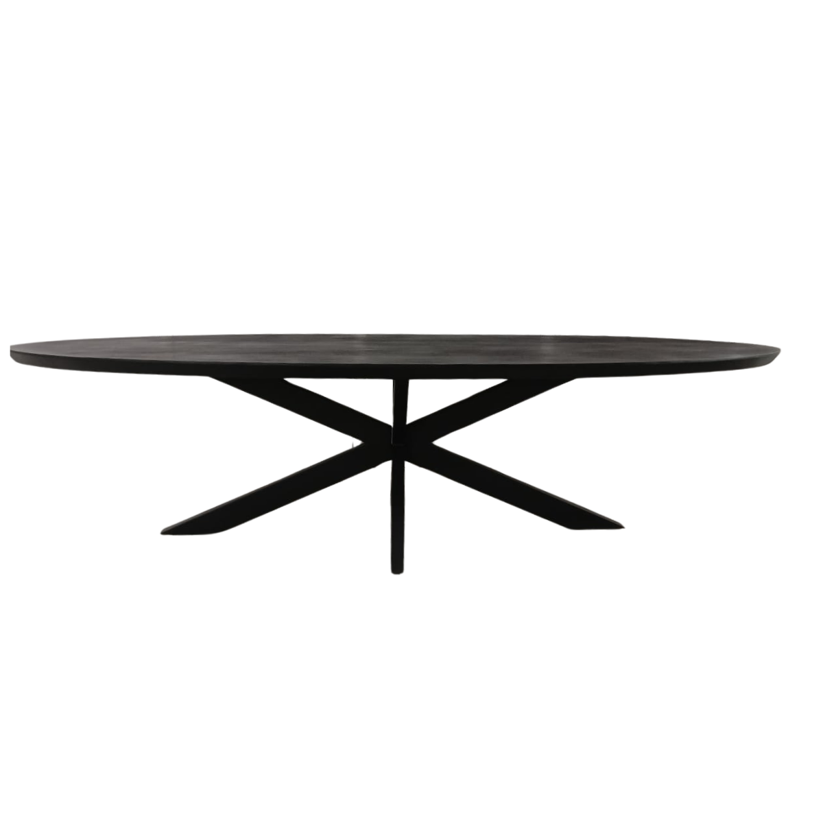 Ovale zwarte eettafel met strak blad en zwart onderstel met kruispoten
