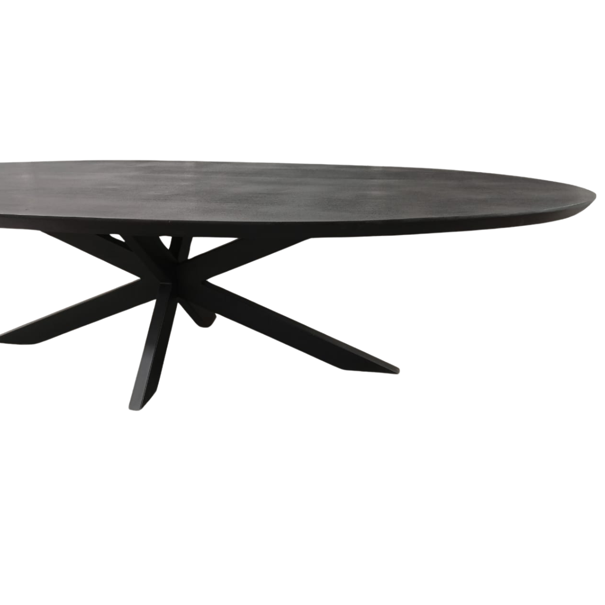 Ovale zwarte eettafel met X-vormig onderstel en donker blad, close detail