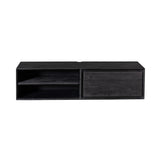 Zwevend tv-meubel van donker hout met open vakken en één lade, 120 cm
