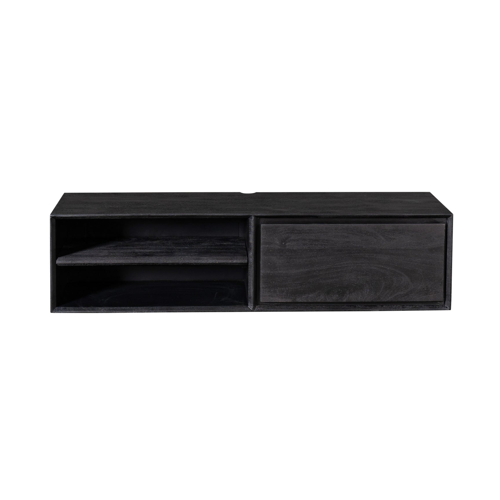 Zwevend tv-meubel van donker hout met open vakken en één lade, 120 cm