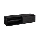 Zwevend tv-meubel van donker hout met open middenvak en ladefront, zijkant