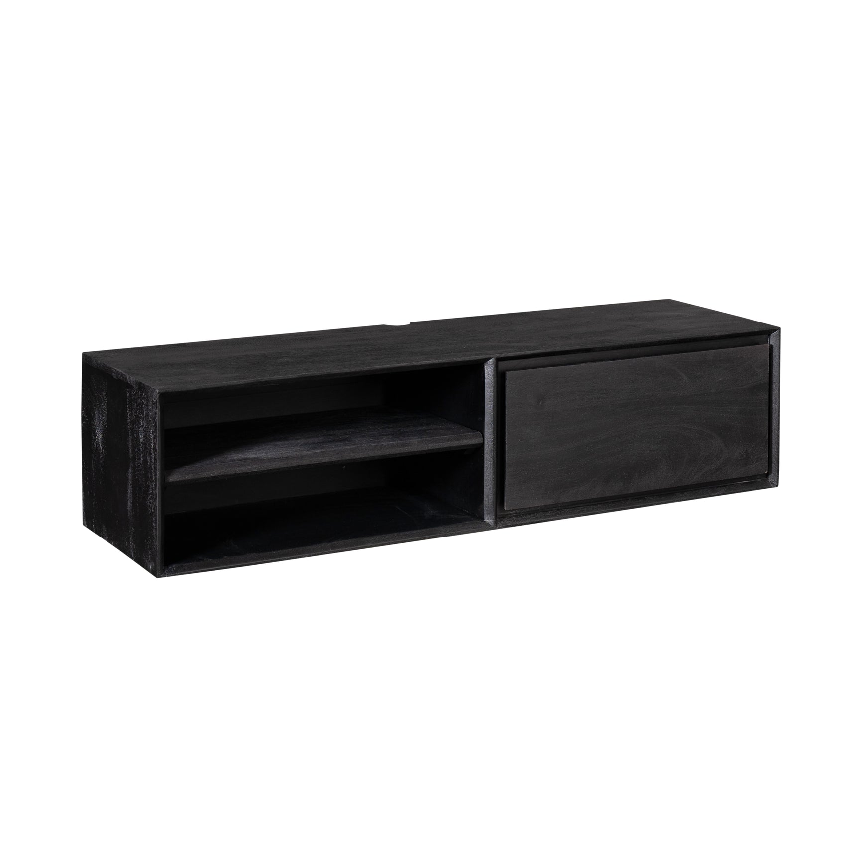 Zwevend tv-meubel van donker hout met open middenvak en ladefront, zijkant