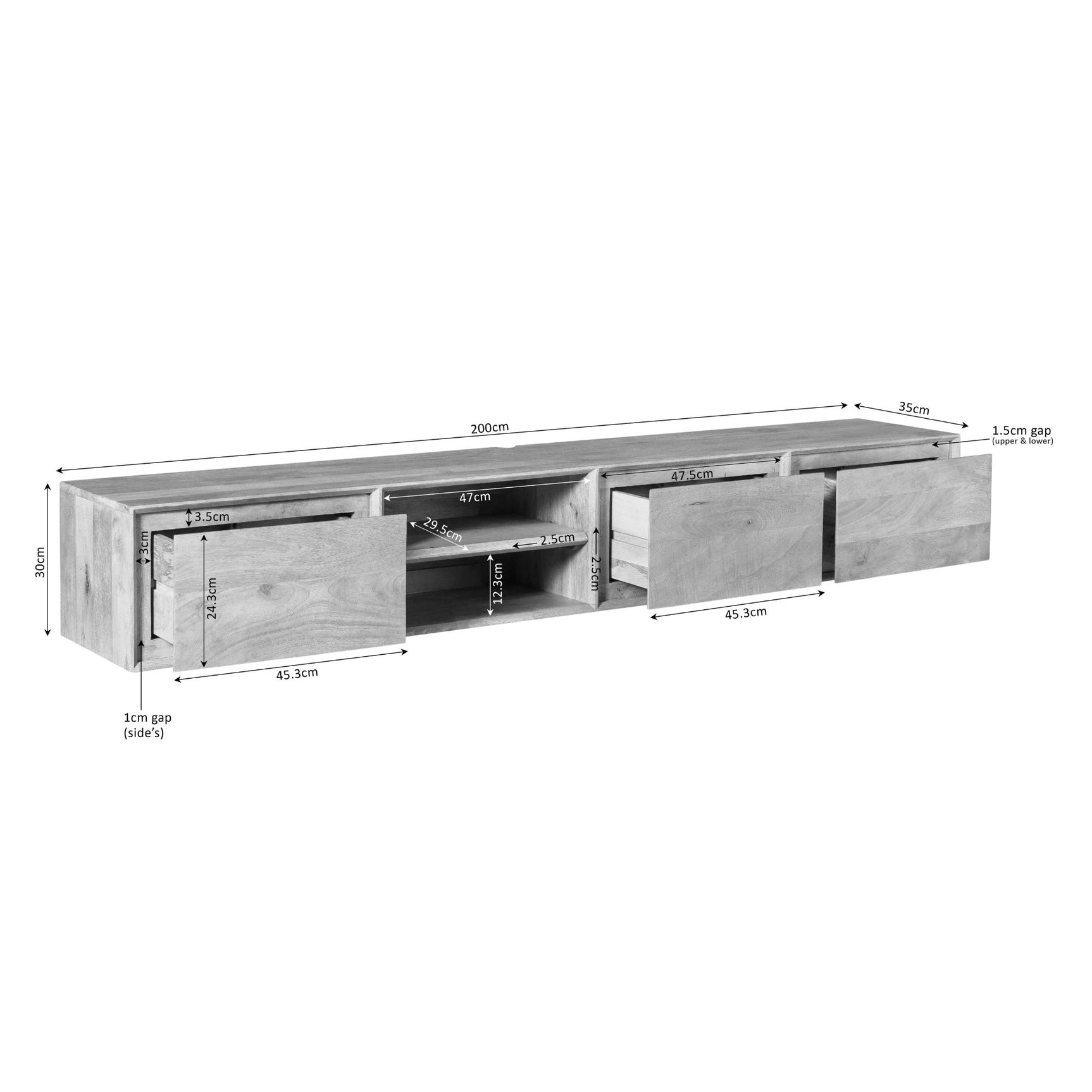 Tv-meubel met open vak en 4 frontlades, lichtgrijze afwerking, 200 cm breed