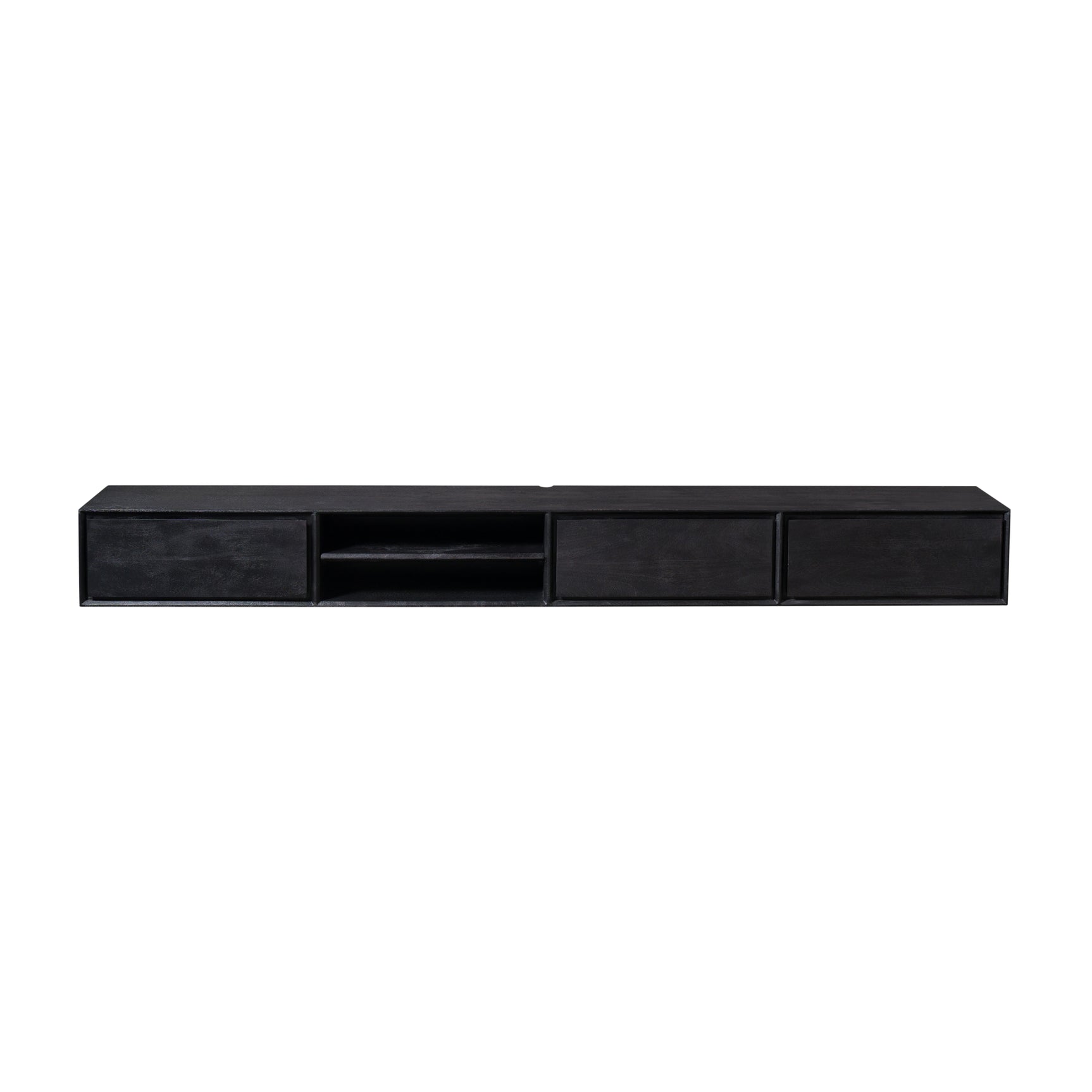 Zwart zwevend tv-meubel met 2 laden en 1 open middenvak, 240 cm lang.