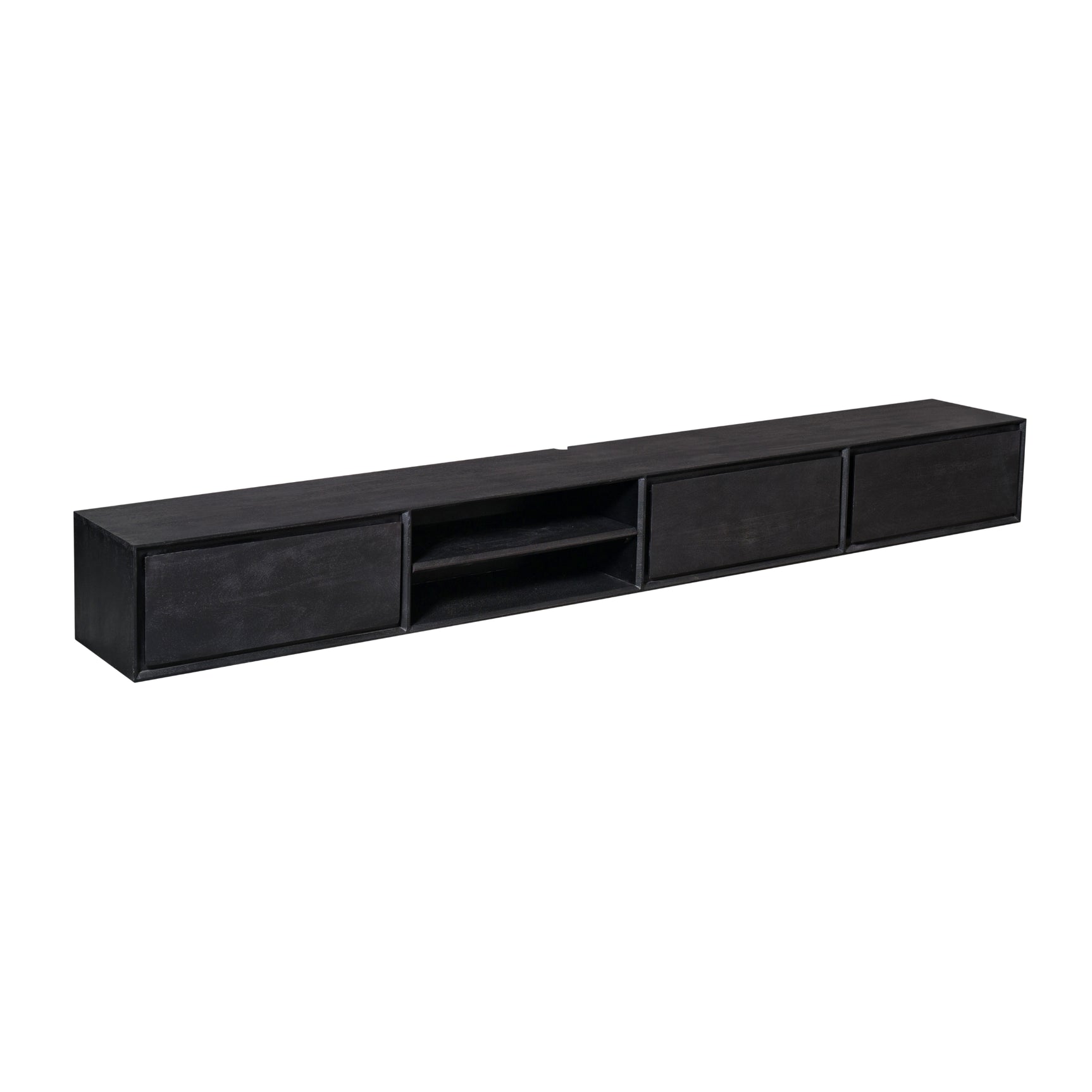 Zwart tv-meubel met lang open middenvak en twee ladefronten links en rechts.