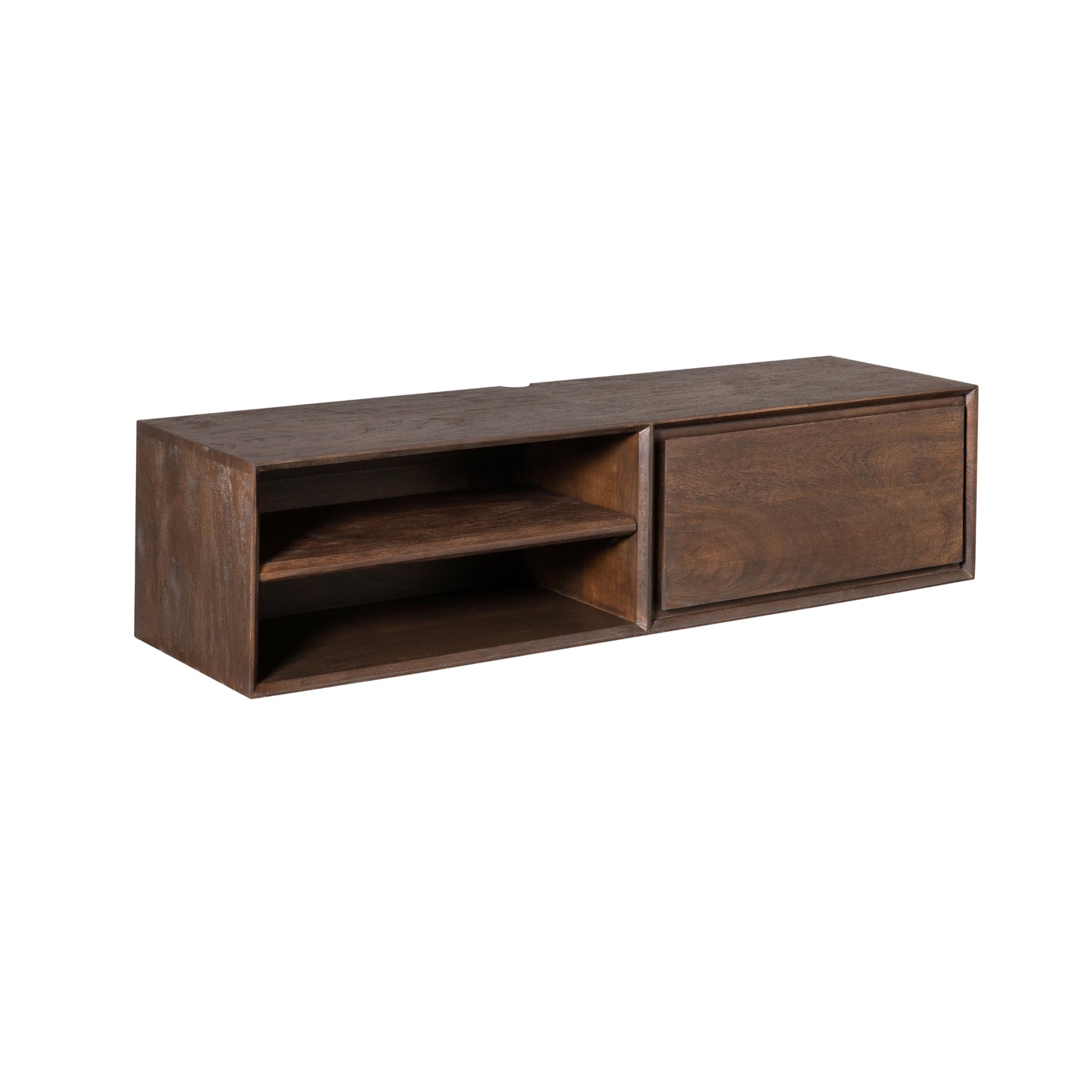 Zwevend tv-meubel met open compartiment links en lade rechts, donkerbruin hout