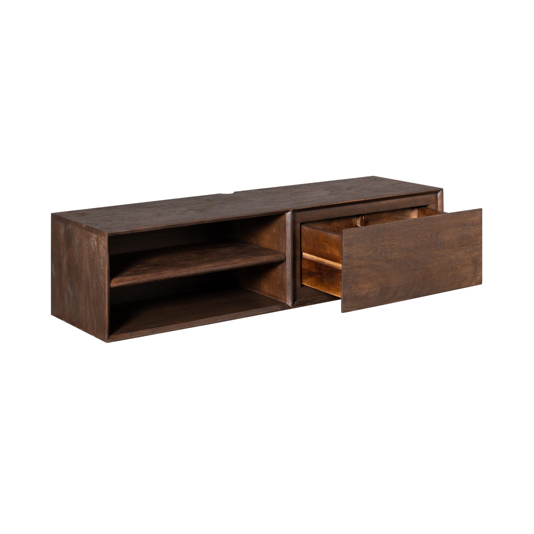 Zwevend tv-meubel met open vak links en lade rechts, bruin hout met houtnerf
