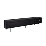 Zwart tv-meubel met lange ladefronten en houtnerf, op metalen poten.