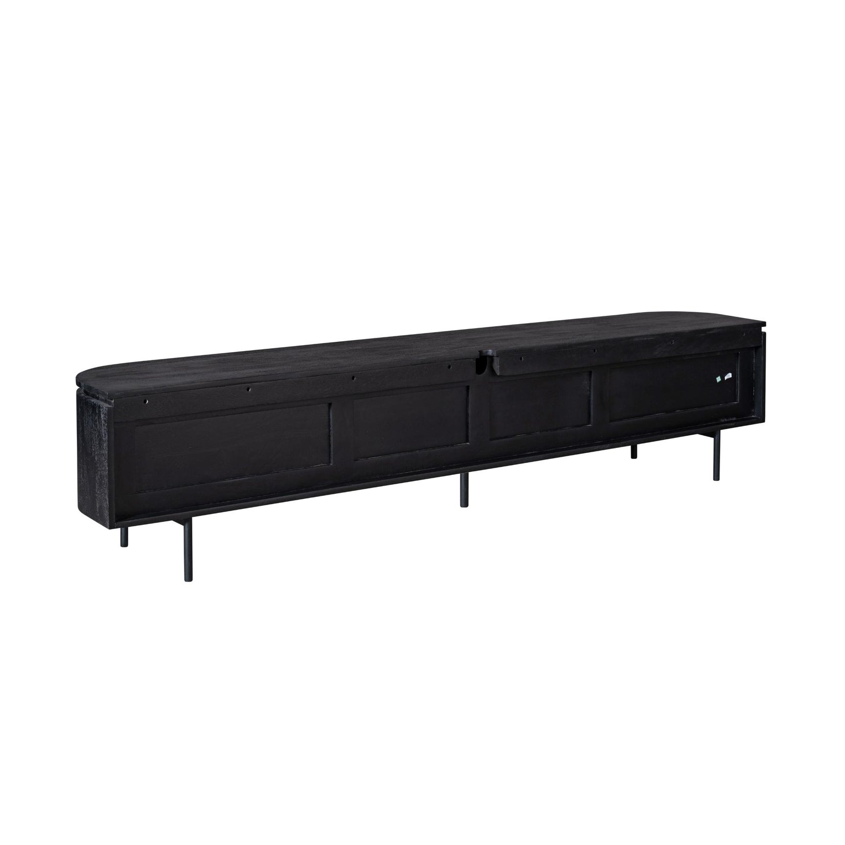 Zwart tv-meubel met lange ladefronten en houtnerf, op metalen poten.