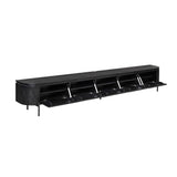 Zwart tv-meubel met open vakken en kabelruimte, lange console