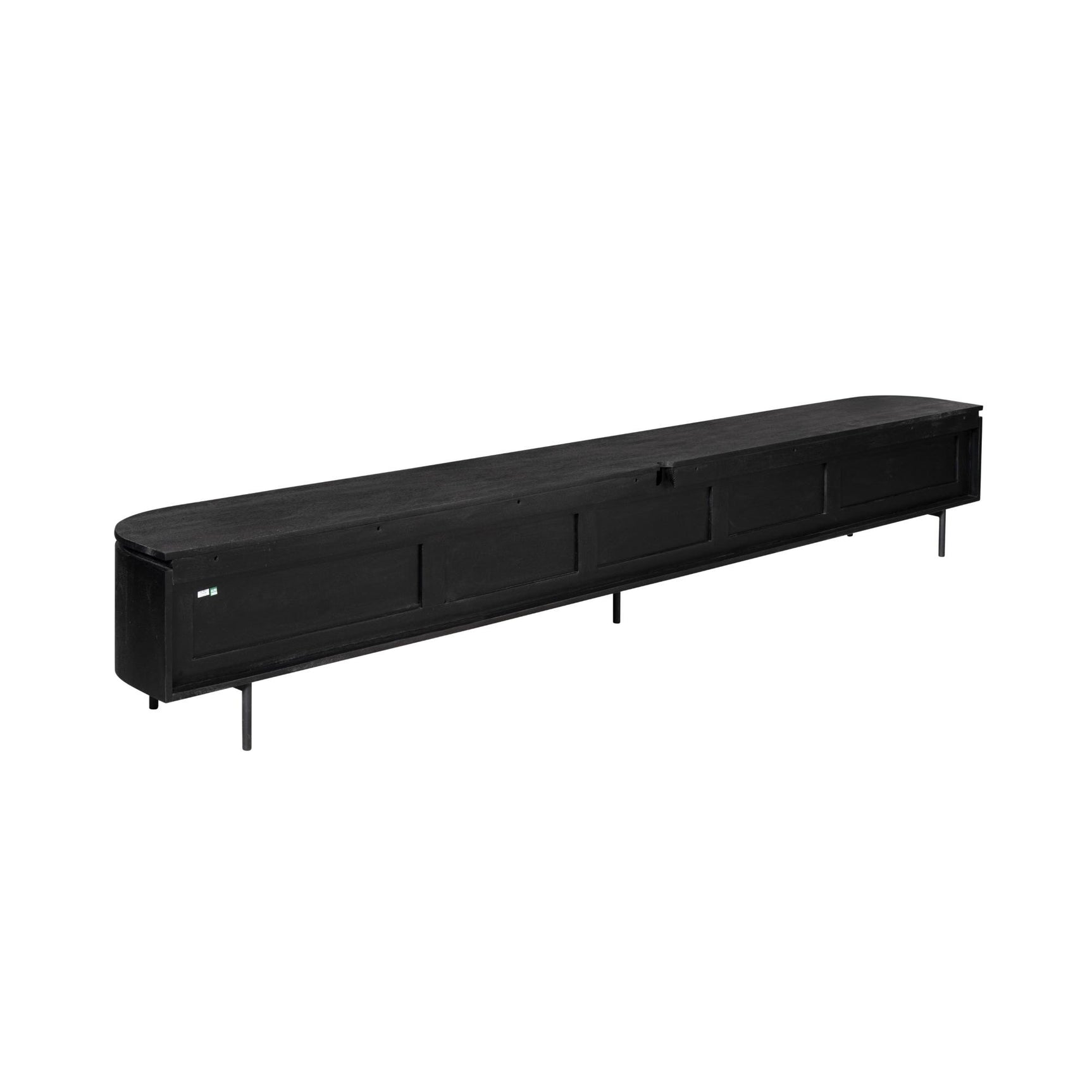 Zwart tv-meubel met frontpanelen en poten, lange console