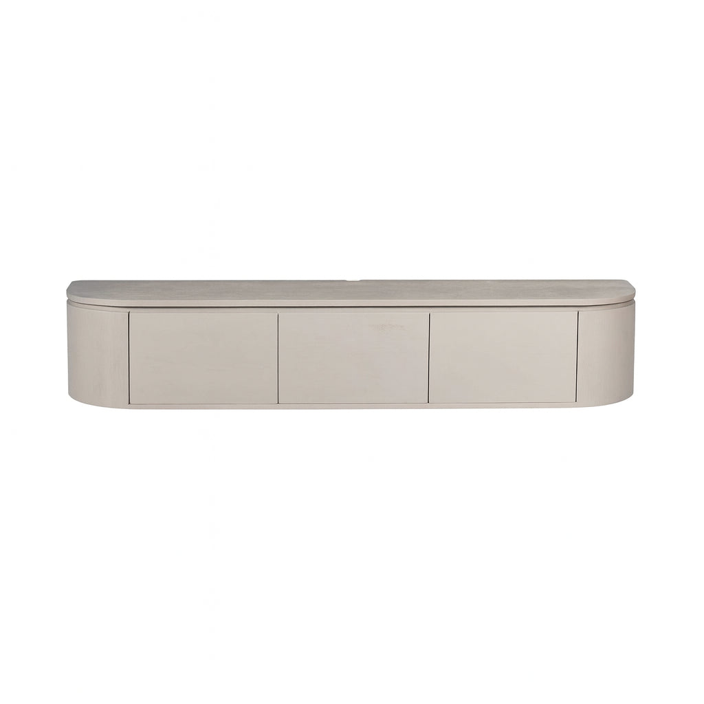 Taupe tv-meubel met drie frontpanelen en afgeronde hoeken