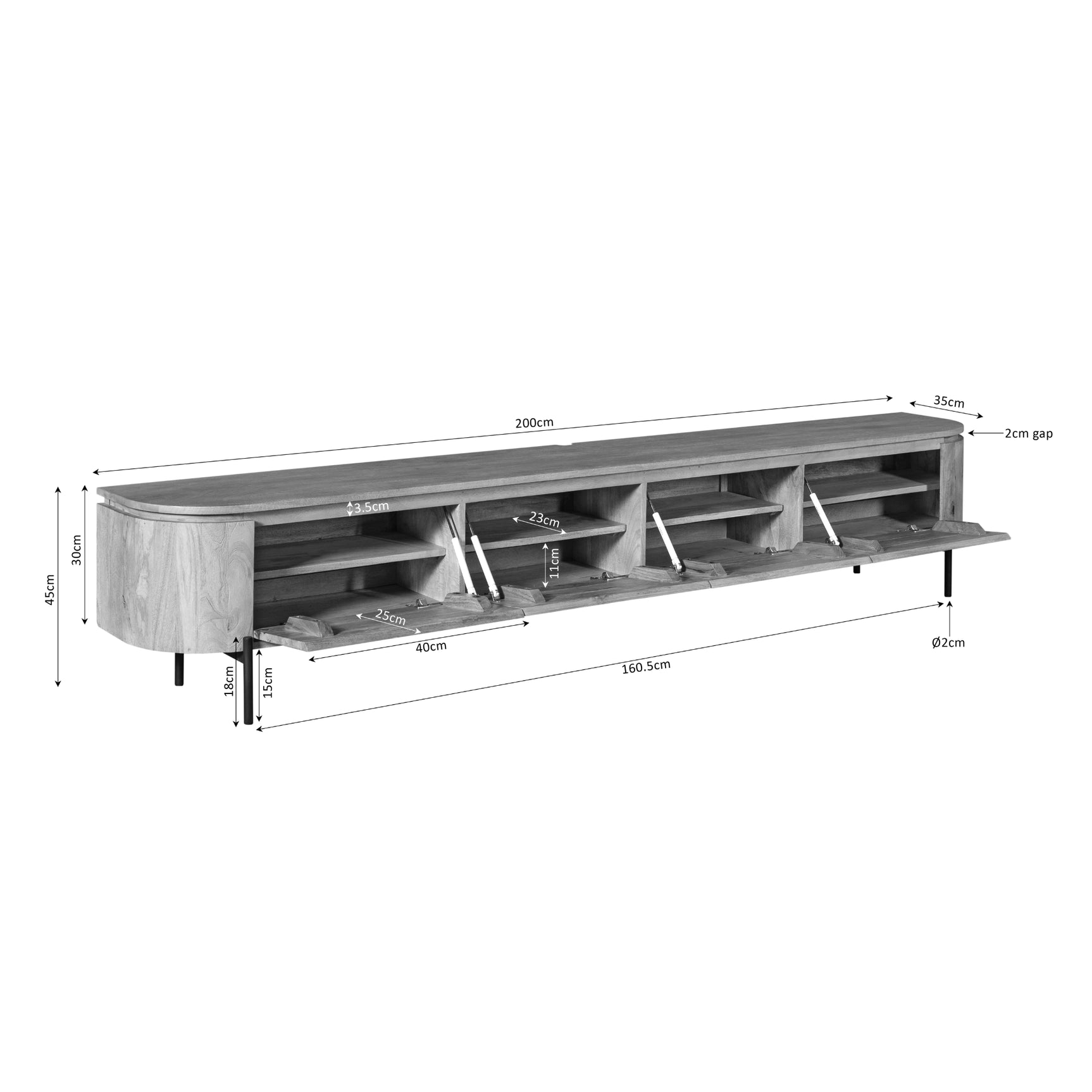 Tv-meubel in taupe met open vakken en legplanken, ca. 200 cm breed