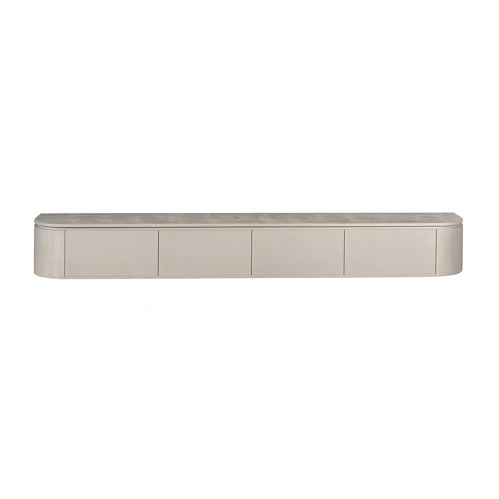 Tv-meubel taupe met lang frontpaneel en afgeronde kap, ca. 200 cm