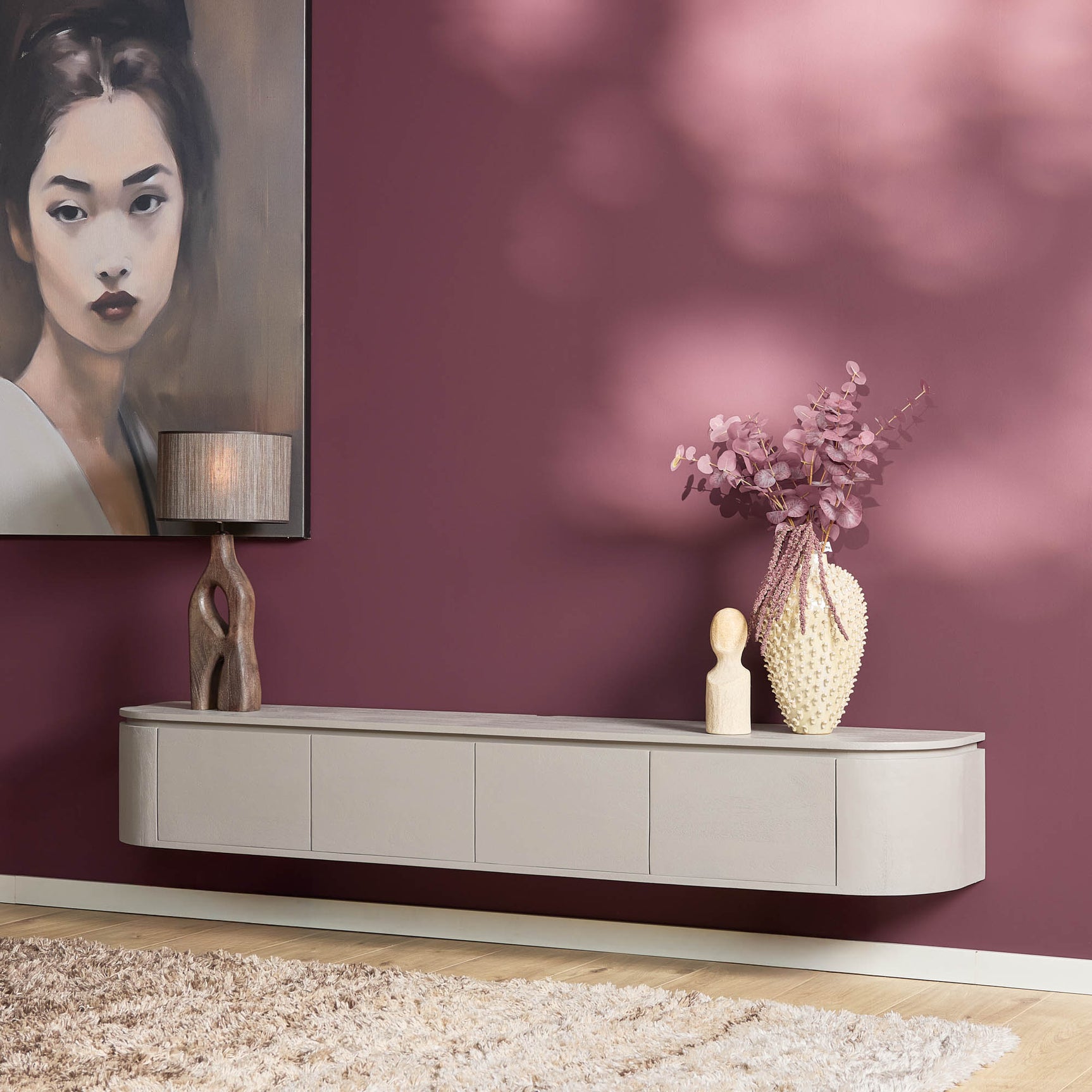 TV-meubel Excellent taupe met 4 ladefronten en decor op het bovenblad