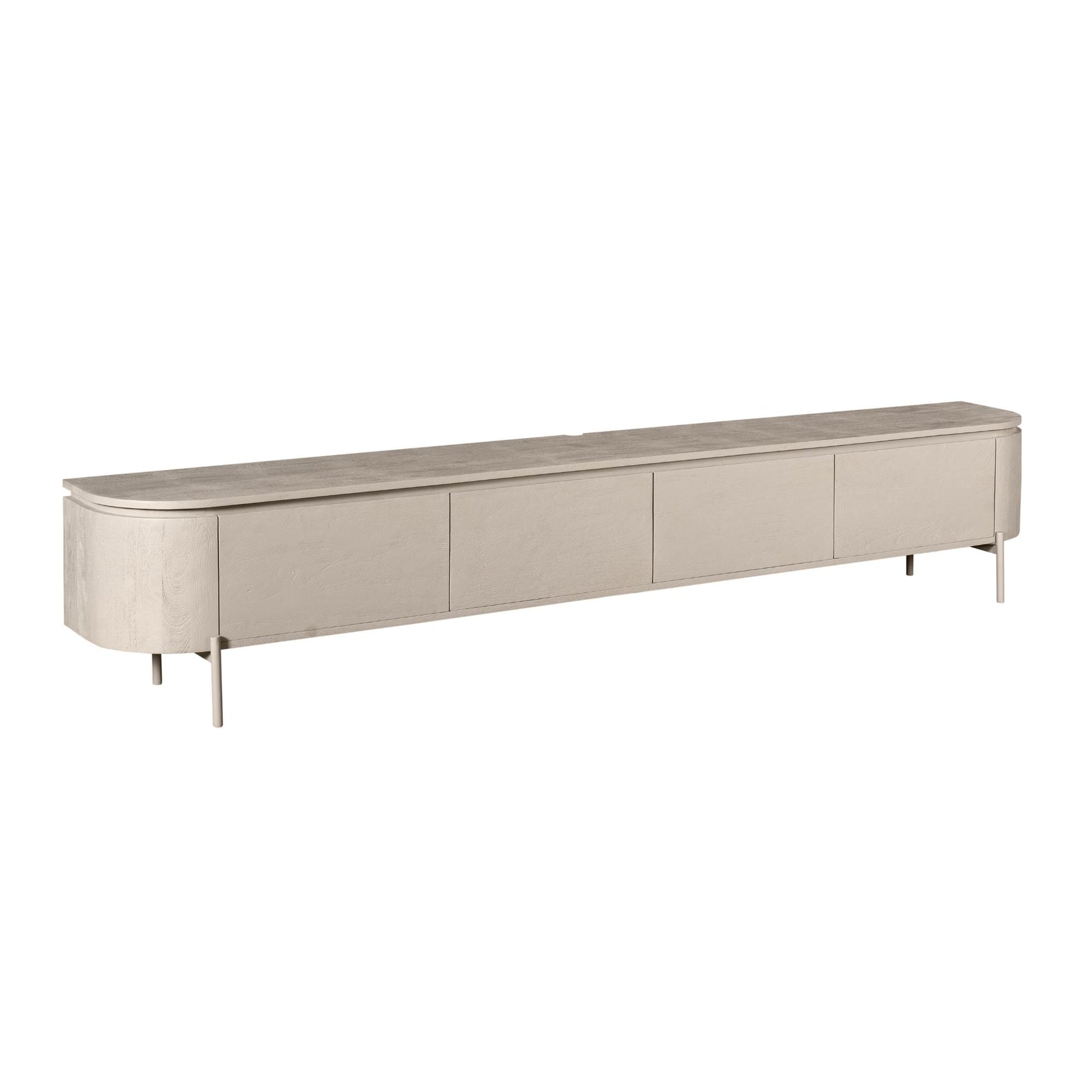 Licht taupe tv-meubel met 4 indelingen en slanke pootjes