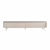 Taupe tv-meubel met afgeronde hoeken en 4 klepfronten, breed en laag, op pootjes
