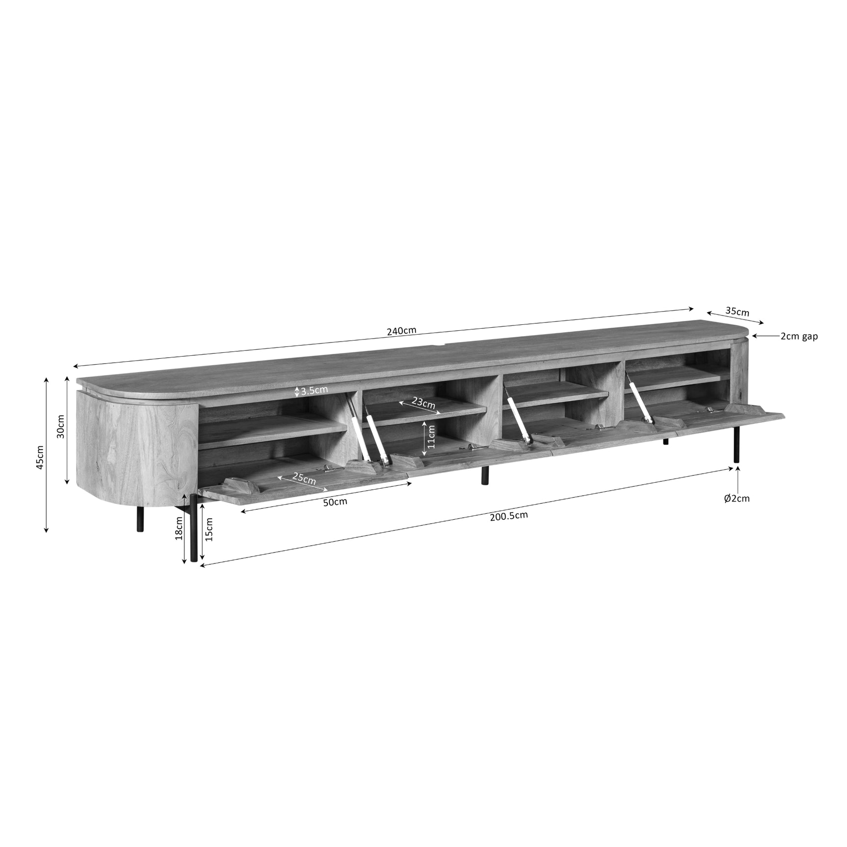 Tv-meubel Excellent taupe met open vakken en afmetingenlijnen, 240 cm breed