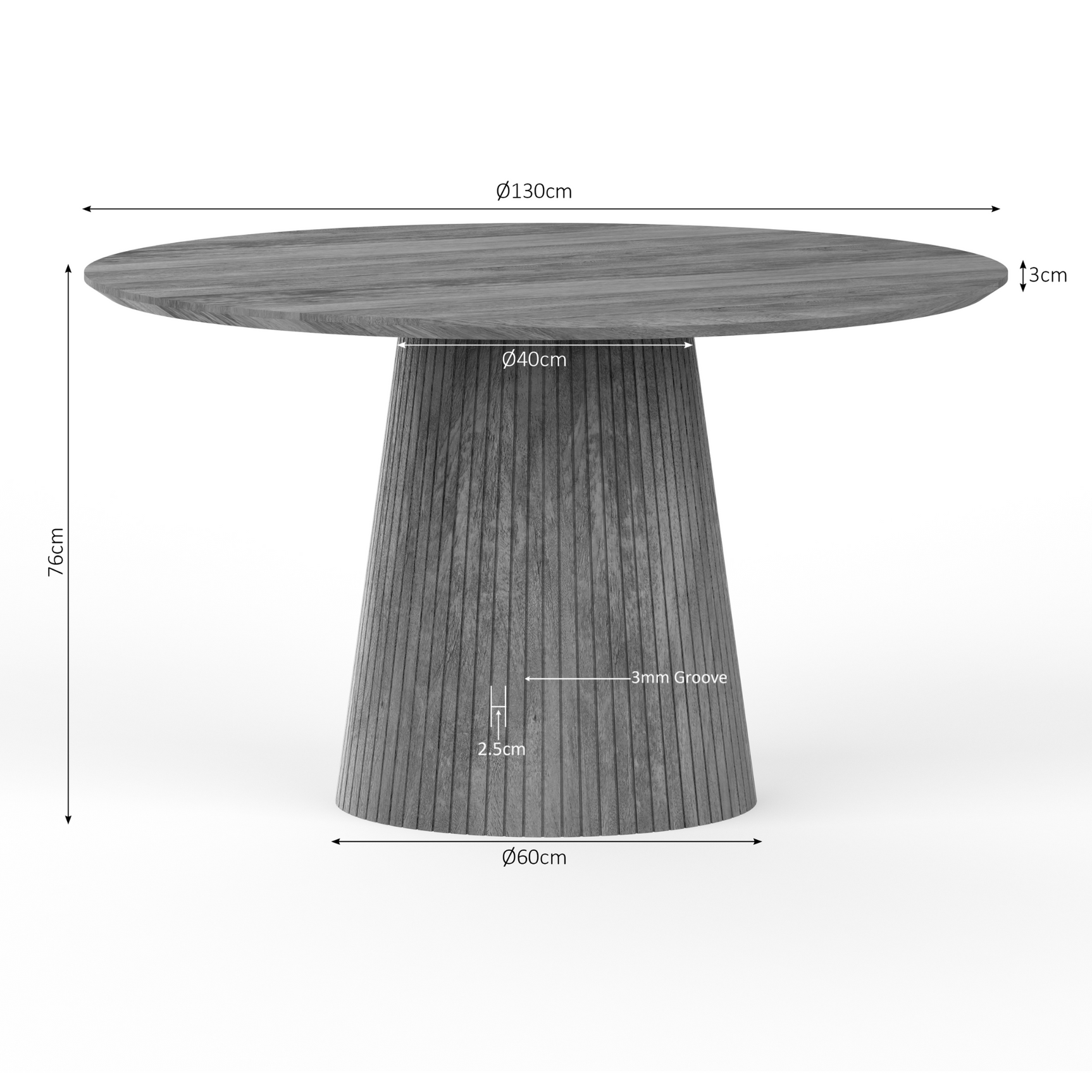 Ronde naturel eettafel met maatlijnen en centrale ribbelsokkel