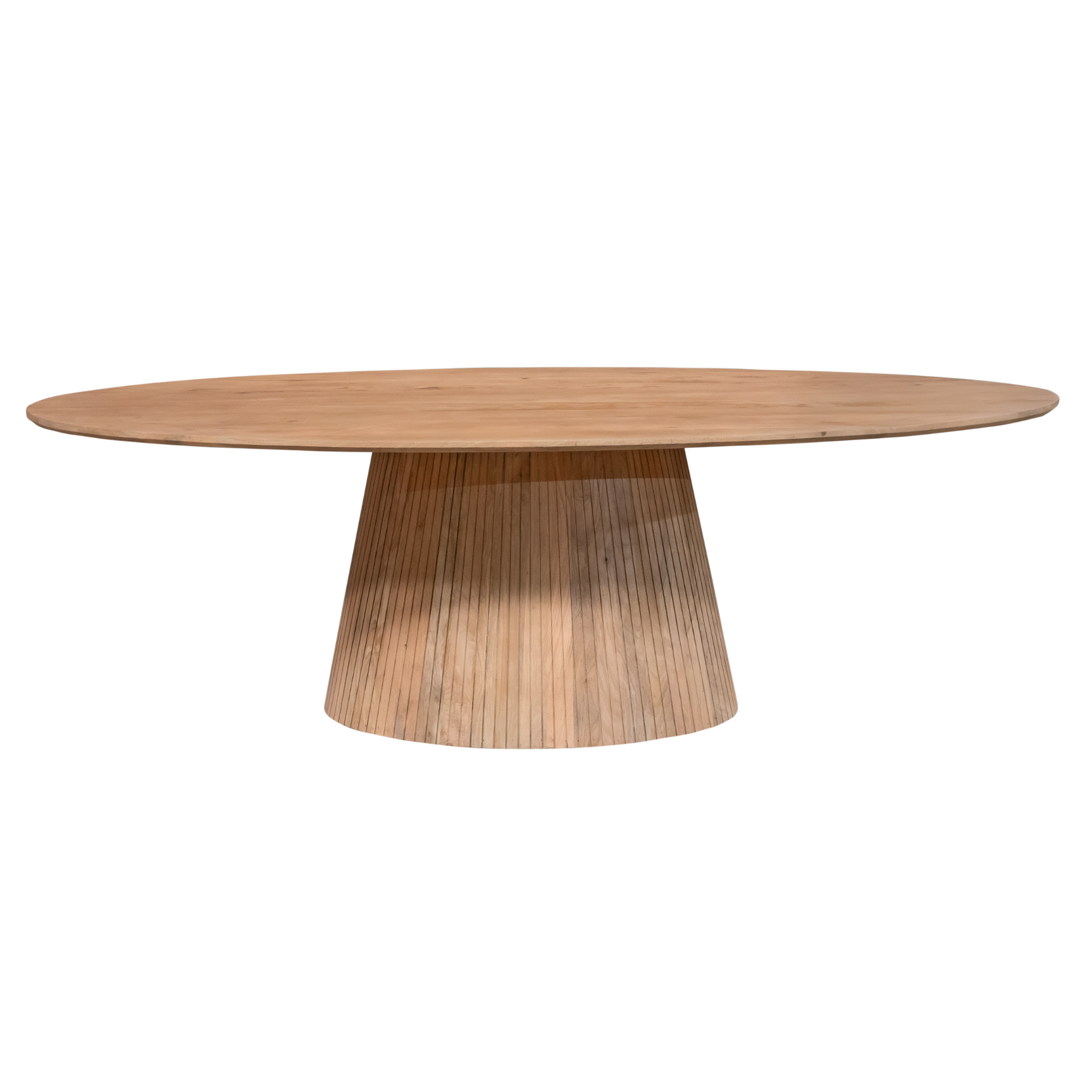 Eettafel Solana met ovaal blad en centrale houtpoot, naturel hout, frontaanzicht