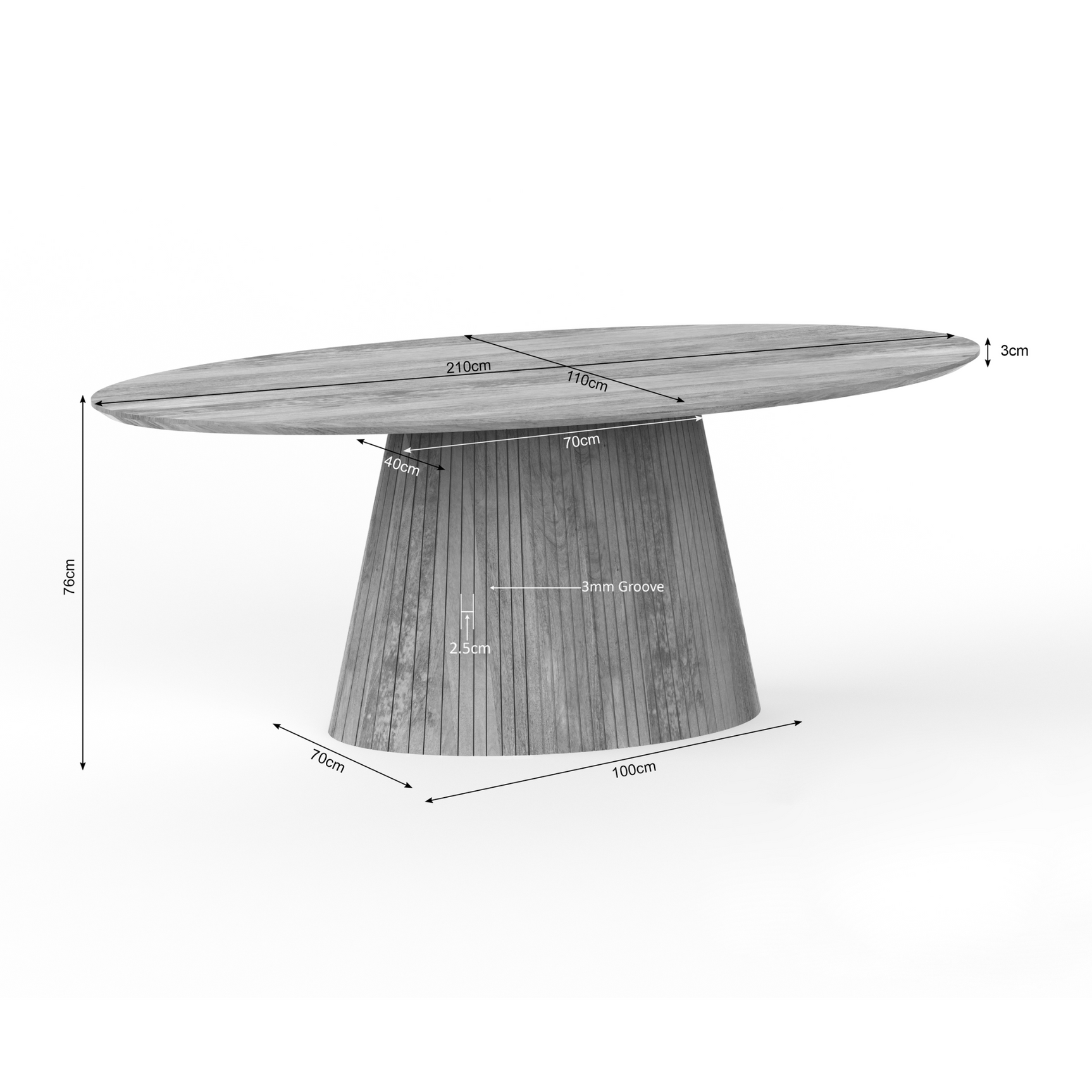 Eettafel Solana ovale eettafel met afmetingen 210cm x 100cm en centrale houten poot